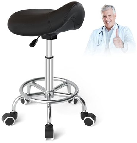 Tabouret de selle de cheval anti-mal de dos, tabouret ergonomique avec roues, tabouret esthétique réglable en hauteur de 46 à 59 cm, tabouret avec roues rembourrées pour dentiste (noir)