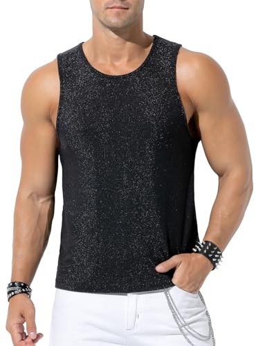 Casey Kevin glitter linne herr paljetter skjorta skjorta metallic glänsande ärmlös topp män sommar linne, 1-Svart, M