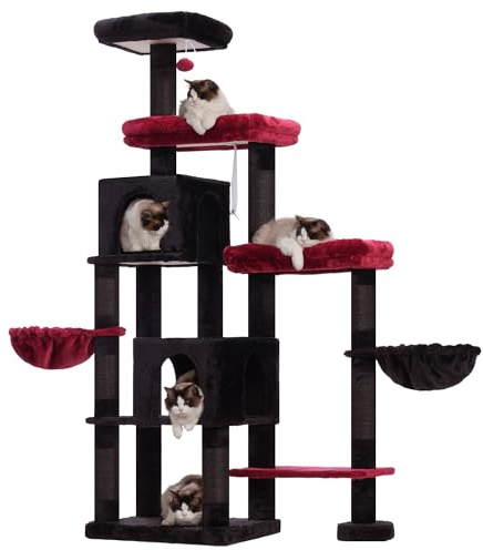 Hey-brother Rascador para Gatos Extensión Derecha, 2 Cuevas, MPJ038BR | 180cm Árbol para Gatos Multi-Nivel con 3 Plataformas y 2 Cestas Suaves, para Maine Coon de Interior, Negro Rojo