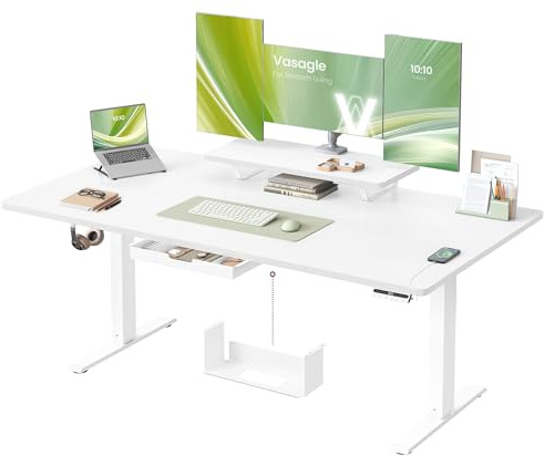 VASAGLE Scrivania Regolabile Elettricamente in Altezza, 160 x 80 cm, per Lavoro in Piedie, Supporto Monitor, Cassetto, Porta USB-C, Promemoria Sedentarietà per Ufficio, Bianco Nuvola LSD156WB01