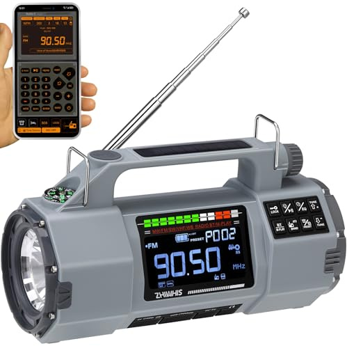 ZHIWHIS Emergency Radio with Bluetooth, Multi-Function Portable Radios with LCD VA Display, FM/MW/SW/VHF/WB Receiver with Alerts, Hand Crank/Solar/USB Charging, 5000mAh for Emergencies ZWS-908(Grey)