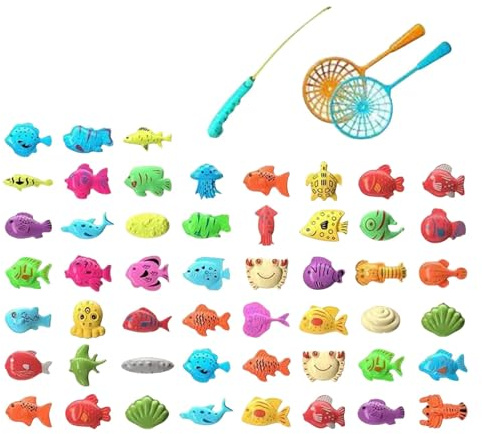 Badewannenspielzeug Wasserspielzeug Kinder Outdoor ab 3 Jahre Angelspiel mit 51 Magnetischen Fischen Badespielzeug für Kinderpool Garten Strand Pool Spielzeug Kinder ab 3 4 5 6 Jahre