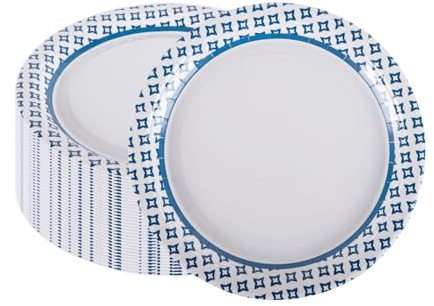 CEILIWEN Paquete de 50 platos de papel blanco de 23 cm, platos de papel resistentes con bordes geométricos azules, a prueba de cortes y remojo, resistentes a los arañazos, para uso diario, catering