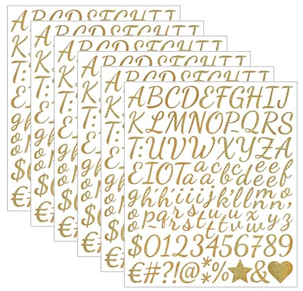 6 Blätter Buchstaben Glitzer Zahlen Aufkleber, Selbstklebenden Alphabet Nummer Sticker Goldene Wetterfeste Vinyl Aufkleber für Tür Briefkasten Grußkarten DIY Scrapbooking