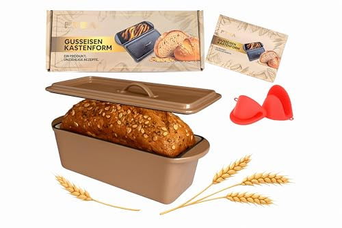 Brotbackform mit Deckel Gusseisen 28 cm – 3 L Kastenform für Sauerteig & Kastenbrot – Gleichmäßige Hitzeverteilung für knusprige Kruste – inkl. Silikongriffe & Backanleitung – Ofenfest - Emailliert