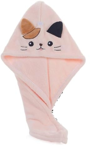 hankousi 1 turbante in microfibra per capelli, ad asciugatura rapida, con bottone regolabile e cinturino elastico, asciugamano per asciugare i capelli con simpatico gatto, in pile rosa corallo per