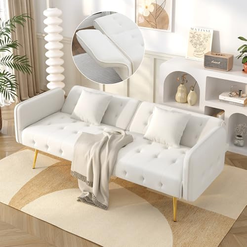 Merax 2-Sitzer Sofabett mit Bettfunktion, Verstellbarer 3-Stufen-Rückenlehne & 6-Stufen-Armlehnen, modernes Faltsofa, Hochdichteschaum, Holzrahmen, platzsparend für Wohnzimmer, Veloursbezug, Weiß