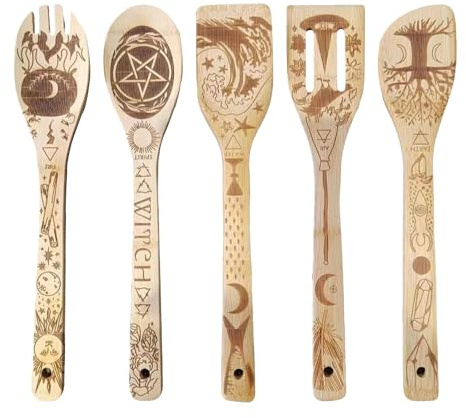 5 PCS Witchy Wooden Spoons for Cooking – Witchy Gifts for Women, Witch Themed Gift Wooden Kitchen Utensils for Gothic Home Decor, Halloween Housewarming Wedding Gifts – 30.3 cm / 12 Inch
