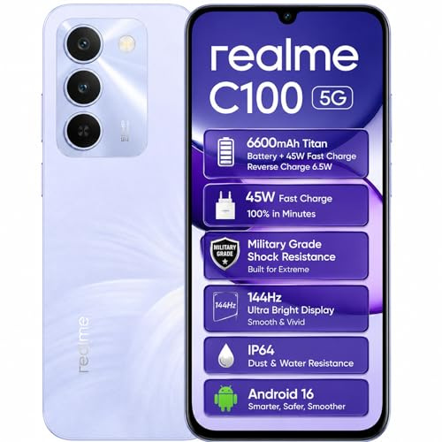 realme C100 Smartphone 5G Móviles 4+128GB, Titan Batería 6600mAh y Carga Rápida 45W, Pantalla 6,8 Pulgadas de 144Hz, Resistencia Militar, Cámara AI 50MP, Dual SIM, Android 16, Diseño Blooming, Morado