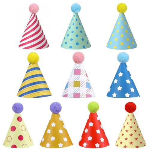 ADLABLD 10 Stück Partyhüte Geburtstag Set,Partyhüte für Kuscheltiere | Bunte Party Kegel Hüte,Party Hüte mit Bunte Pompons,für Geburtstagsfeiern,Erwachsene und Haustiere,Festival Deko Foto Prop
