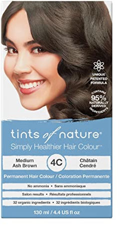 Tints of Nature 4C Medium Ash Brown Permanent Hair Dye, Mittelaschbraun Permanente Haarfarbe, pflegt das Haar und deckt Grau ab, ammoniakfrei, 130 ml