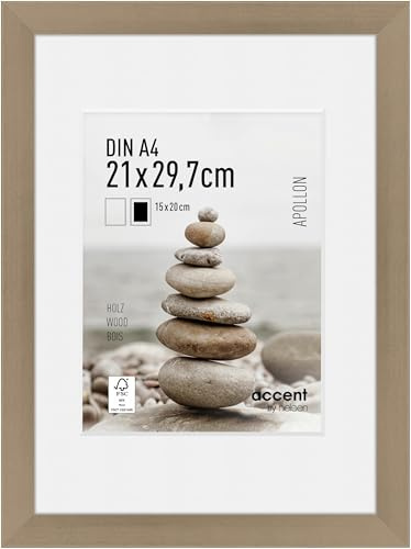accent by nielsen Bilderrahmen mit Passepartout, 21 x 29,7 cm (A4), Holz, Silber, Dokumentenrahmen zum Aufhängen im Hoch- & Querformat, Echtglas, Apollon