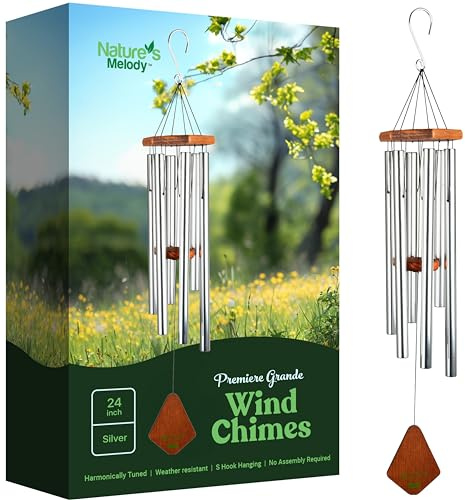 Nature's Melody Premiere Grande Tunes Carillon éolien – Carillon d'extérieur avec 6 Tubes accordés à l'échelle pentatonique E, Aluminium antirouille, Bois de hêtre et Crochet en S pour condoléances,