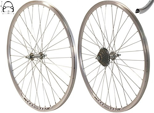 Redondo 26 Zoll Laufrad Set Hinterrad Vorderrad 26 V-Profil Hohlkammer Felge Silber + 7-Fach Kranz