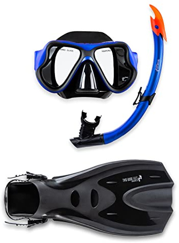 Two Bare Feet X-Dive Silicone Mask Dry Top Snorkel & F70 Fins Complete Diving Snorkel Set (M266S SN134S Blue/Black, F70 S/M)