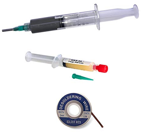 EO SMD-Lötset/Löt-Kit Nr. 1C (1 x No-Clean Rework-Paste EO-RP-001 mit 20 g, SnAg3Cu0,5 (T4), 1 x No-Clean Lötpaste GAX-50- Spritze mit 5 ml + 1 x Entlötlitze 2,0 mm - hohe Saugfähigkeit -)