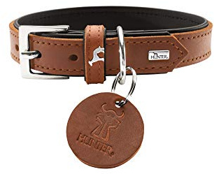 HUNTER Larvik Hundehalsband | Softvollrindleder, edles Lederhalsband mit Schlüsselanhänger, klassisches Design, Farbe Cognac/Schwarz, Größe 60