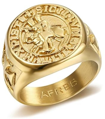 BOBIJOO Jewelry - Bague Chevalière Sceau Templier Christ Croix Sigillum Militum Xpisti Acier Or Doré Plaqué - 71 (13 US)