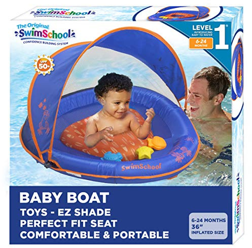SwimSchool Deluxe Baby Float with Adjustable Canopy - 6-24 Months - Baby Swim Float with Splash & Play Activity Center Safety Seat - Blue/Orange