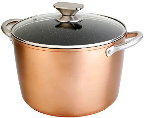 WECOOK! Professional Olla Inducción con Tapa de Cristal, 24 cm, Antiadherente Ecológico sin PFOA, Aluminio Forjado, 6 L, Color Cobre, 2,8mm Espesor, Asas de Acero Inox., Vitrocerámica, Gas, Horno