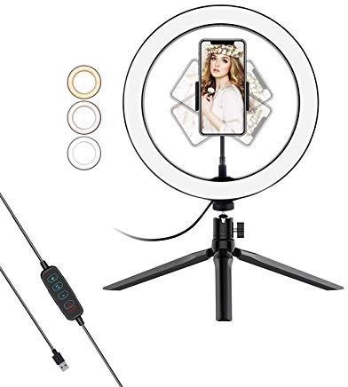Pritech Luz de Anillo LED 10 26CM fotográfica de Escritorio, 3 Colores 10 Brillos Regulables Control Remoto, Trípode con Soporte Giratorio de teléfono para Selfie, Maquillaje, Youtube, TIK Tok