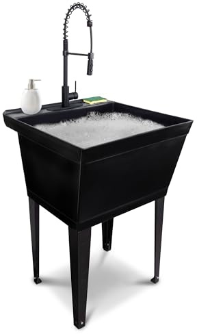 Utility Sink Extra-Deep Laundry Tub in Black with High-Arc Coil Pull-Down Sprayer Faucet in Matte Black, Integrated Supply Lines, P-Trap Kit, Heavy Duty Floor Mounted Freestanding Wash Station