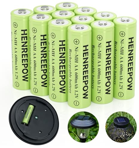 HENREEPOW Ni-MH wiederaufladbare AA-Batterien, doppelte A, hohe Kapazität, 1.2 V, vorgeladen, für Gartenlandschaftsgestaltung, Solarleuchten, Lichterketten, Taschenlampe (AA-600 mAh, 12 Stück)