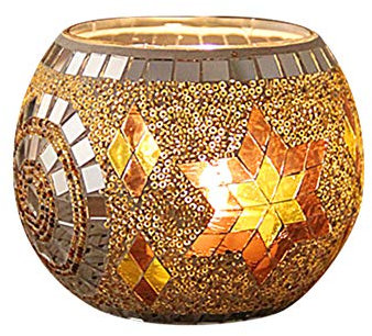 Bougeoir en Verre Mosaïque, 10,5 x 7 cm, Mosaïque Photophore Craquelé Porte-Bougie Romantique, Bougeoir Fait Main en Verre Motif pour Décoration Intérieure, Doré