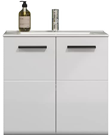 trendteam smart living - Riva - Waschtisch - Weiß Hochglanz - Hänge-Waschbeckenunterschrank mit 2 Türen und 1 Einlegeboden inkl. Waschbecken - (BxHxT) 62 x 59 x 47 cm - mit schwarz glänzendem Griff | B 62 x H 59 x T 47 cm · feuchtraumgeeignet · 2 Türen, 1 Einlegeboden