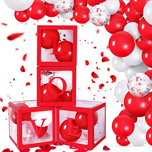 56 Pieces Valentine s Day Transparent Love Box Decorations with Balloon LED Light Letters for Valentine s Day, Wedding Party, Bridal Shower, Birthday Party Reveal Backdrop (Red)