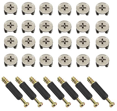 25 tornillos de fijación de conector de muebles excéntricos con tacos de fijación autorroscantes para armario, cajón, gabinete, panel de muebles, 3 estilos