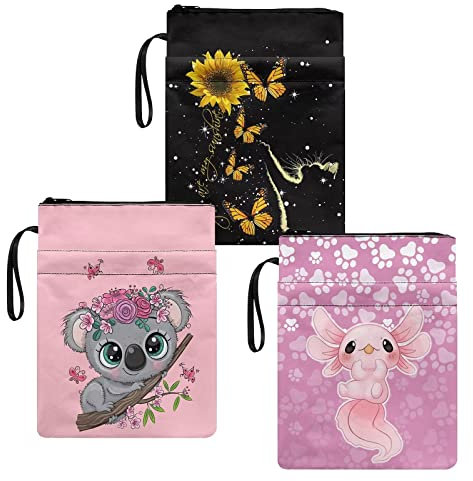 HUIACONG 3 Stück Buchhüllen Koala Axolotl Katze Schmetterling Sonnenblume Buchhüllen mit Reißverschluss Buchschutz mit tragbaren Seil-Buchhüllen für Erwachsene Kinder Schulbuch Tasche