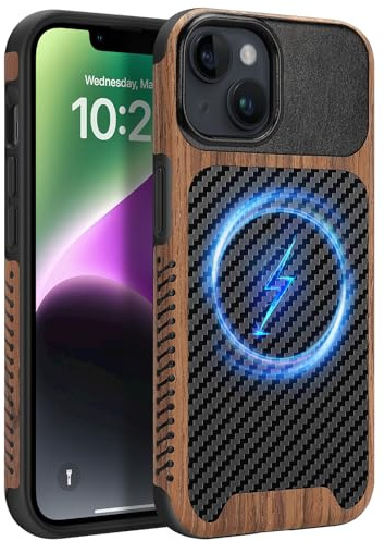 ZZDZZ Magnetisch Hülle für iPhone 13 mini Hülle [Kompatibel mit MagSafe] Holz und Carbon Leder Design Handyhülle Stoßfest Schutzhülle (Schwarz) | ZZDZZ Magnetische Schutzhülle, kompatibel mit iPhone 13 Mini, Holz und Leder, Karbonfaser-Design, Hybrid-Schutzhülle