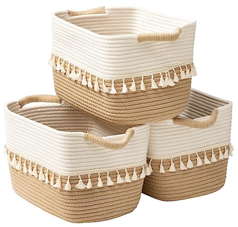 TeoKJ Woven Storage Bin Set of 3, Cotton Rope Basket for Storage, Clothes Boho Basket Bin for Organizing, Fabric Basket for Books, Plants, Pet Treats, White & Jute