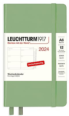 LEUCHTTURM1917 367742 Wochenkalender & Notizbuch Pocket (A6) 2024, mit Extraheft für Adressen und Jahrestage, Salbei, Deutsch, 12 Monate