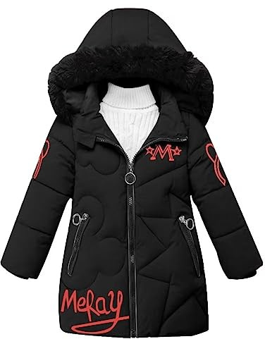 linboo Manteau Fille Doudoune Chaud Veste Hiver Blouson Enfant à Capuche Fourrure mi Long Parka Epaisse Vêtements de Ski, Noir, 4-5 ans