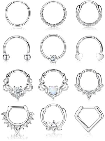 JeweBella 12 Stück Septum Piercing Chirurgenstahl 16G Nasenring Piercing Set für Damen Mädchen Clicker Septum Ring Daith Helix Tragus Ohrringe Lip Nostril Piercing 8/10mm