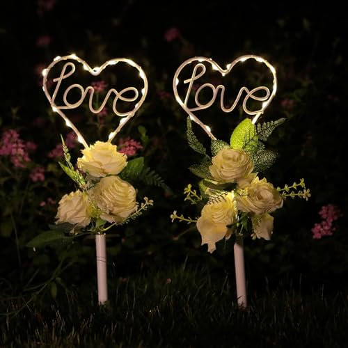 Joyathome 2 Pack 16 Inch Solar Heart Garden Stake Lights with Grave Decorations for Memorial Cemetery Flowers Metal Garden Art for Patio Lawn Garden Decor Solar Outdoor Love