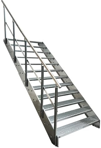 Kaminbau Mierzwa Premium Stahl Treppe mit Geländer links komplett Verzinkt / 12 Stufen (Breite 800 mm) (Höhe 228 cm) Wetterfest Gitterroststufe Gartentreppe