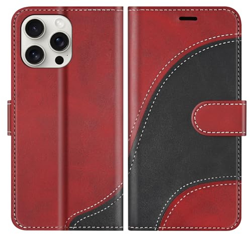 BoxTii Cover per iPhone 15 PRO, Custodia in PU Pelle Portafoglio, Magnetica Cover a Libro con Slot per Schede per iPhone 15 PRO, Rosso