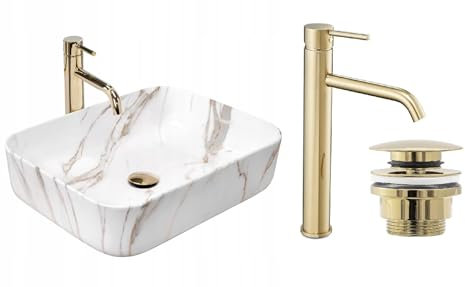 GTM Design Aufzatzwaschbecken mit Armatur-Waschbecken mit Hahn-Waschbeckenarmatur Gold-Aufzatzwaschbecken Rechteckiges - Waschbecken Weiß Marmor Glanz - Aufsatzwaschbecken mit Armatur komplett Set