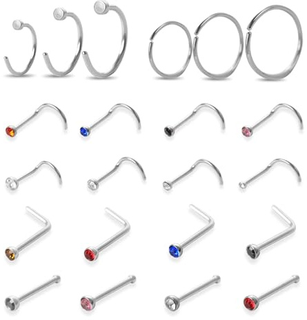 Maxmoc 30pcs Nose Stud, Silver Nose Ring, Surgical Stainless Steel Nose Piercing Jewellery, L Shape Nose Stud with Cubic Zirconia for Women Men Gift (Multicolor)