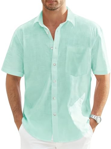 Hommes Chemises Manche Courte Chemise Lin Homme Solid Henley Shirts Été Col Mao Chemise de Plage Classique Regular Fit Chemises L'été