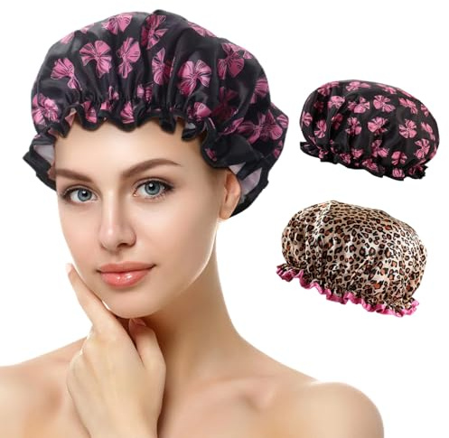 Duschhaube, 2 Stück Wasserdichte Duschhauben, Shower Cap, Duschhaube für Damen, Haarhaube für Die Nacht, mit Elastischem Band, Wiederverwendbare Dusche Kappen für Mädchen Frauen (B)