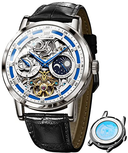 OLEVS Skeleton Herren Automatische Mechanische Uhren Leder Mondphase Selbstaufziehend Luxus Anzug Wasserdicht Leuchtende Armbanduhren für Herren