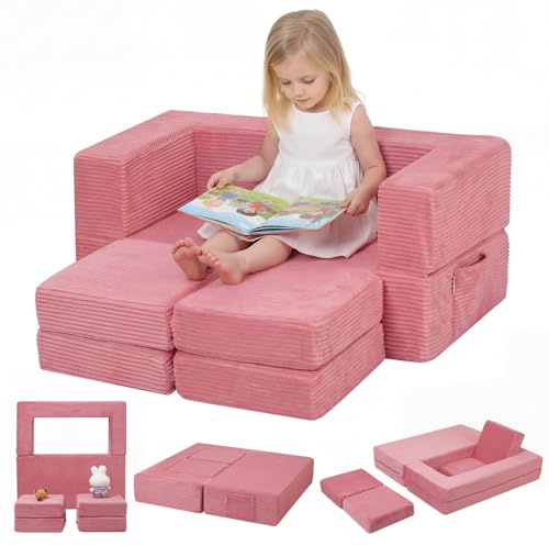 MeMoreCool Divano per bambini in velluto a coste, pieghevole in gommapiuma, mini divano modulare per cameretta e camera da letto, rosa