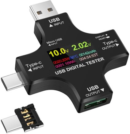 Tester USB 2 in 1 con Schermo IPS a Colori, Multimetro Digitale per Corrente, Tensione, Potenza e Capacità, Supporta PD2.0/PD3.0/QC/AFC/SCP, Rilevatore Avanzato per Caricatori Rapidi
