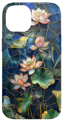 Lotus Flower Stained Glass Aesthetic Blue Floral Casing Case for iPhone 14