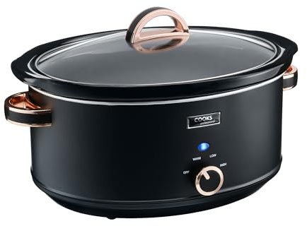 Cooks Professional Slow Cooker 6.5 Litre with Glass Lid, Cool Touch Handles, Dishwasher Safe Bowl, 2 Heat Settings & Keep Warm Function | Large One Pot Cooking Machine | Black & Rose Gold