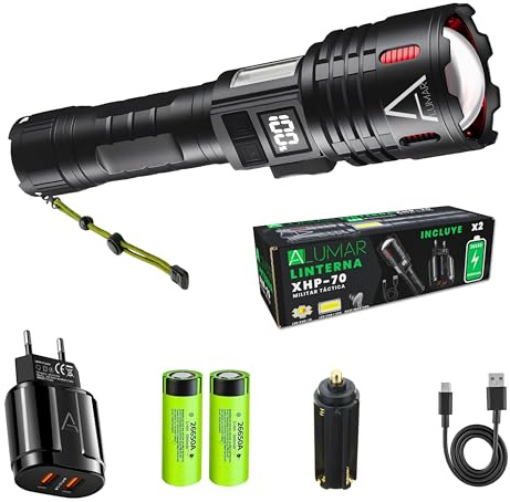 ALUMAR Linternas LED Alta Potencia, Recargable USBC Linternas con 8 Modos de Luz, Base imantada, Táctica Militar Potente Portátil Impermeable, XHP70.2, PowerBank Camping, Senderismo, Al aire Libre.